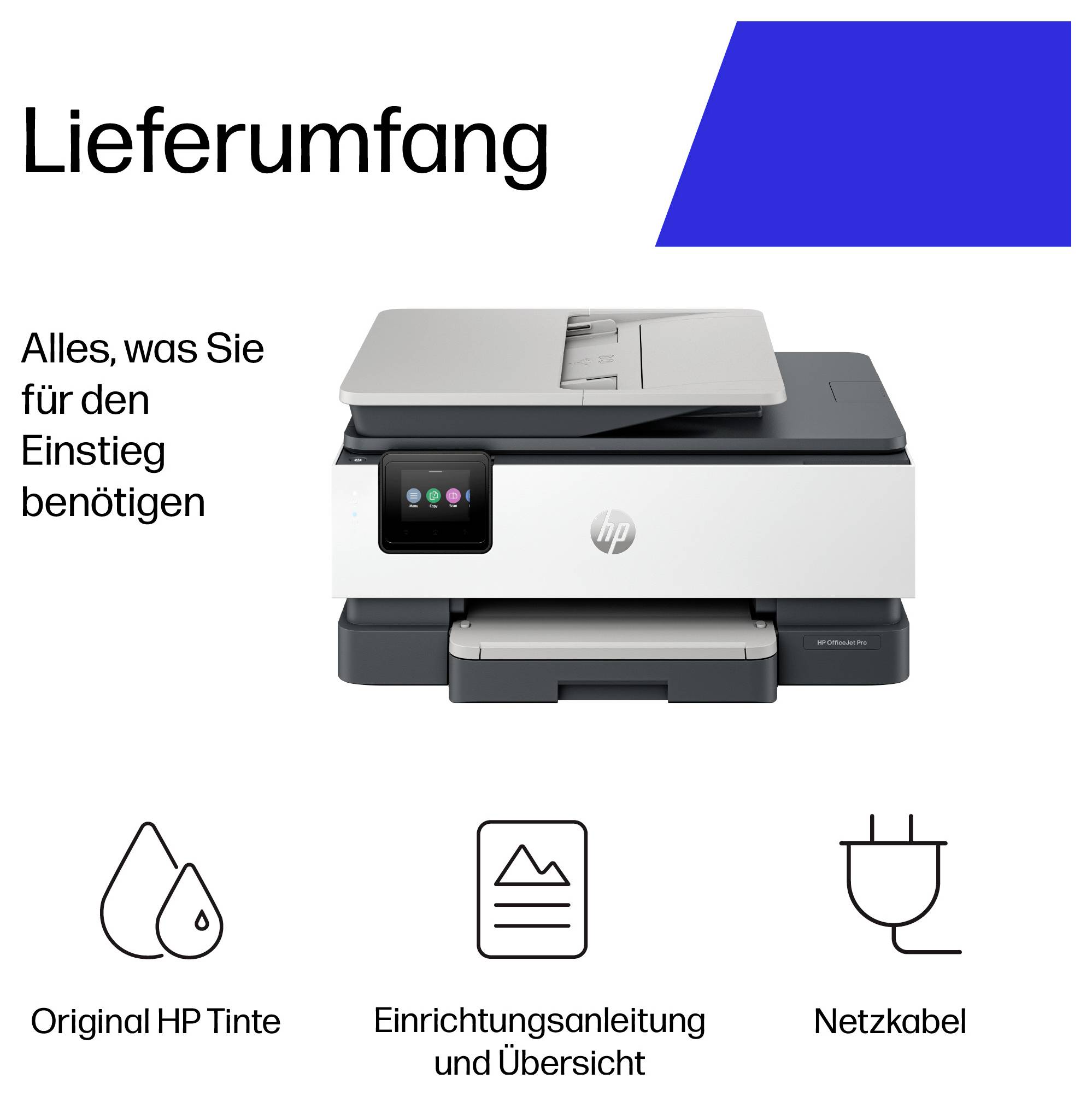 HP-Druckerpaketinhalt gezeigt: Drucker, original HP-Tinte, Installationsanleitung und Stromkabel.