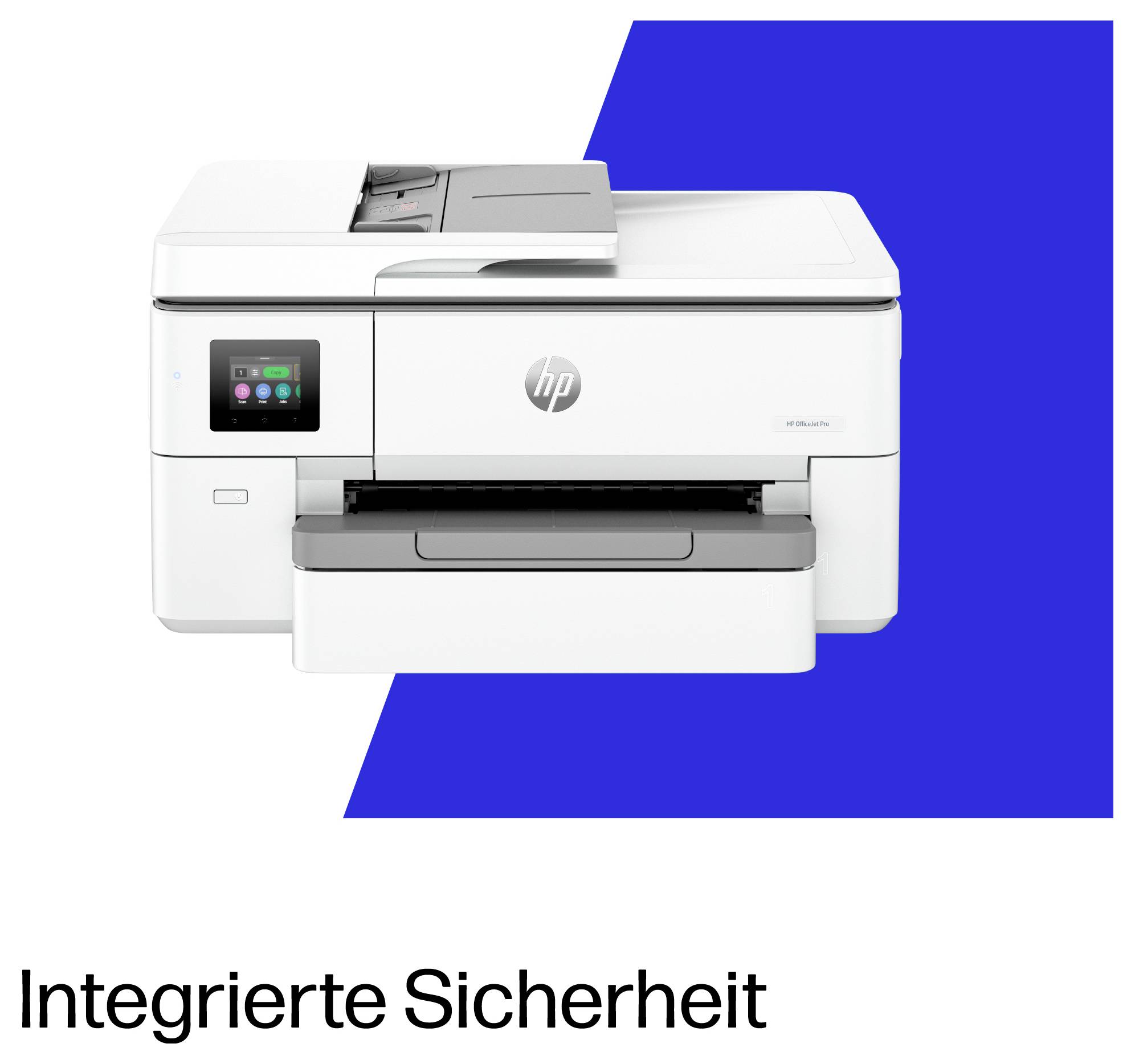 HP Multifunktionsdrucker mit Touchscreen und Papierfach auf blau-weißem Hintergrund; Text darunter lautet "Integrierte Sicherheit".