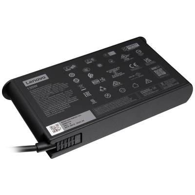 Schwarzes Netzteil mit Lenovo-Logo oben links, verschiedenen Zertifizierungssymbolen und technischen Spezifikationen in Weiß auf der Oberseite.