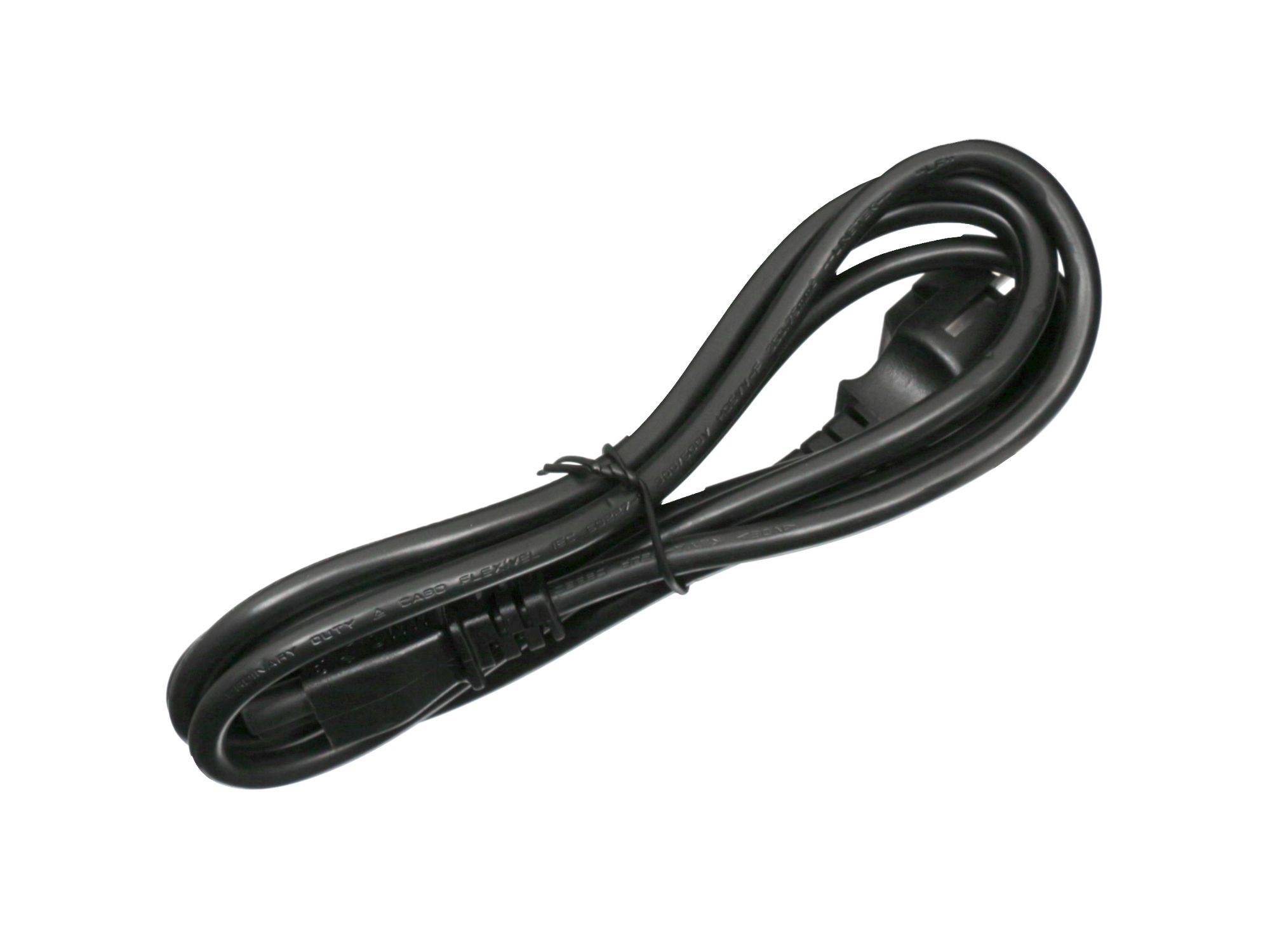 Ein schwarzes Netzkabel mit Standardstecker, aufgerollt und von einer Kabelklemme zusammengehalten.