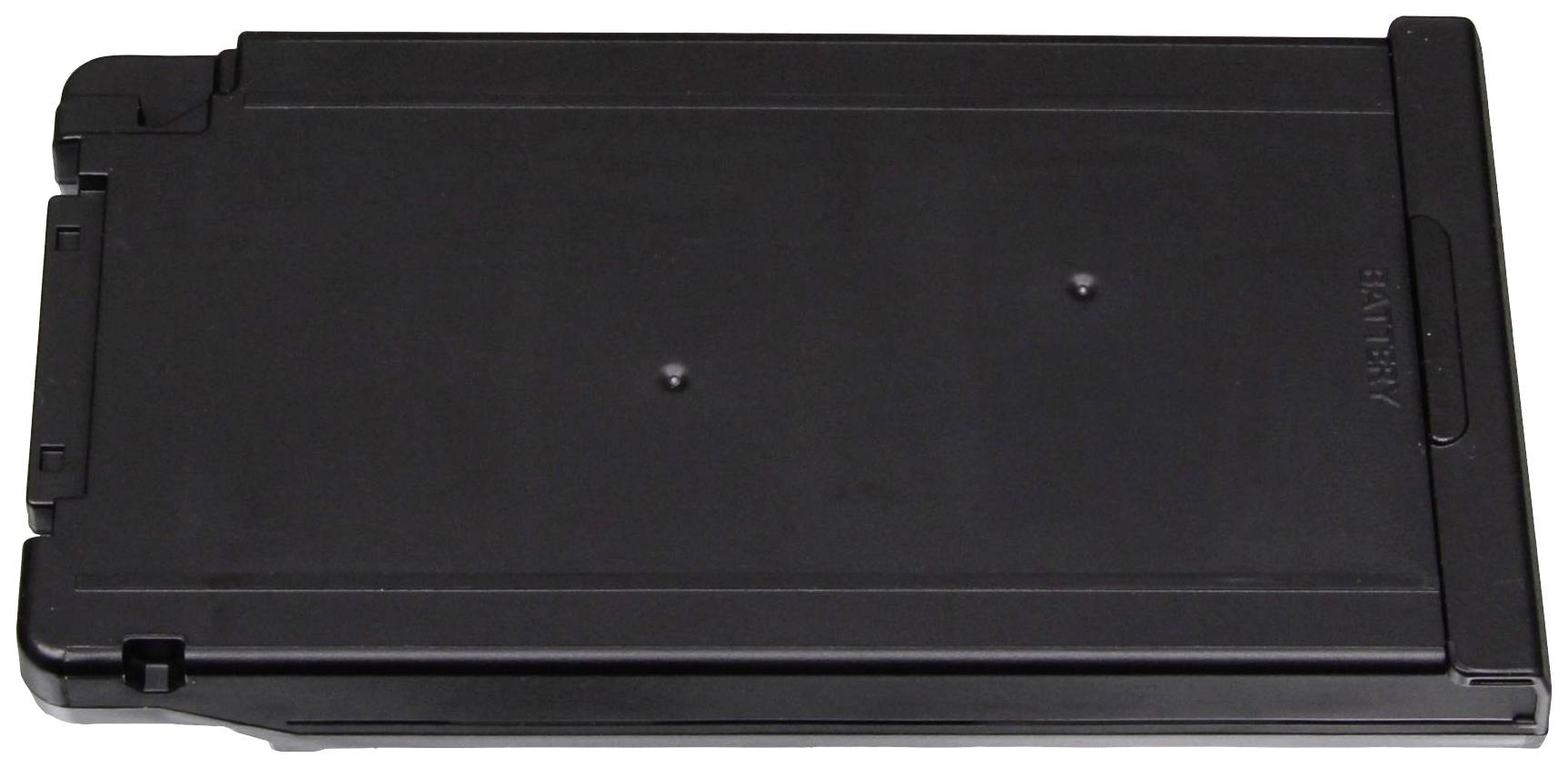 Ein schwarzer, rechteckiger Schieberiegel mit zwei kleinen hervorstehenden Clips in der Mitte.