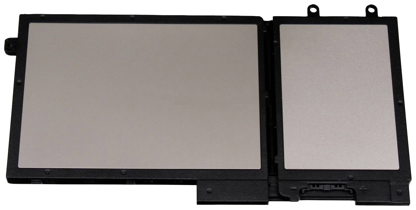 Laptop-Akku mit rechteckiger Form und zwei separaten Zellen, die durch eine schwarze Kunststoffhülle verbunden sind.