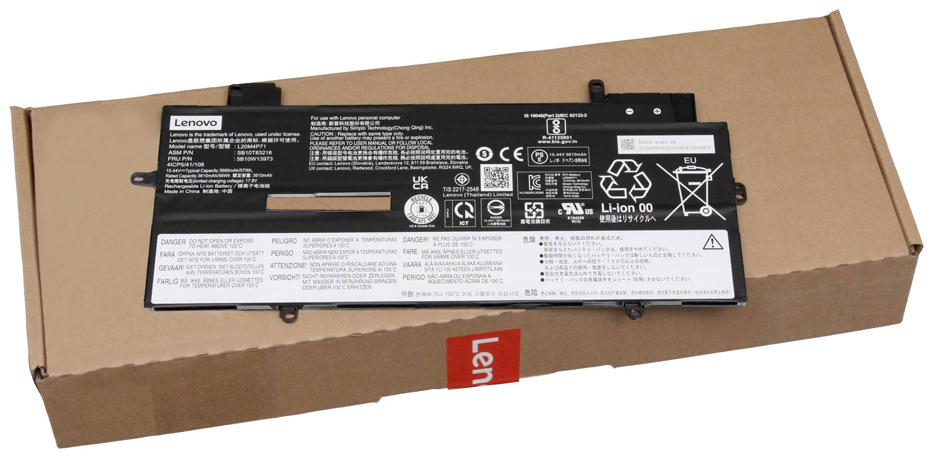 Ein Lenovo Laptop-Akku liegt auf einer braunen Verpackung. Der Akku zeigt technische Informationen und Sicherheitswarnungen.