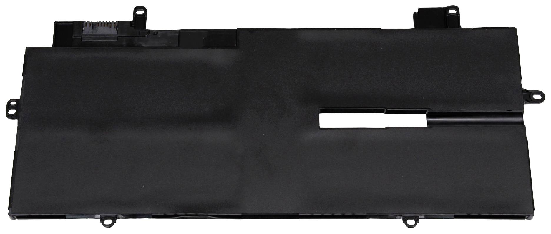 Ein schwarzer Lithium-Ionen-Akku für einen Laptop, rechteckig geformt mit Anschlussstellen auf einer Seite.
