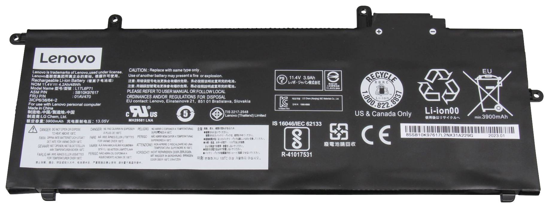 Schwarzer Laptop-Akku von Lenovo mit weißem Text und verschiedenen Symbolen und Zertifizierungen für Recyceln und Sicherheit.