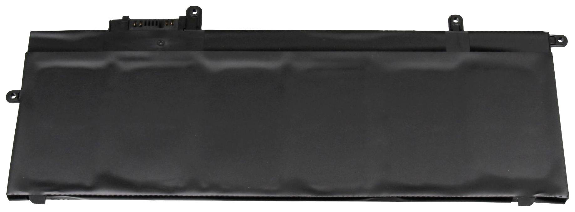 Ein rechteckiger schwarzer Laptop-Akku mit sichtbarer Anschlusspunkte an der Oberkante, ausgelegt für mobile Geräte.