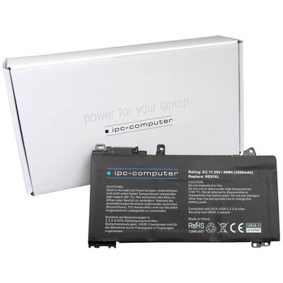 'Laptop-Akku von ipc-computer vor Kartonverpackung. Akku hat eine Spannung von 11,55 V und eine Kapazität von 40 Wh (3500 mAh).'