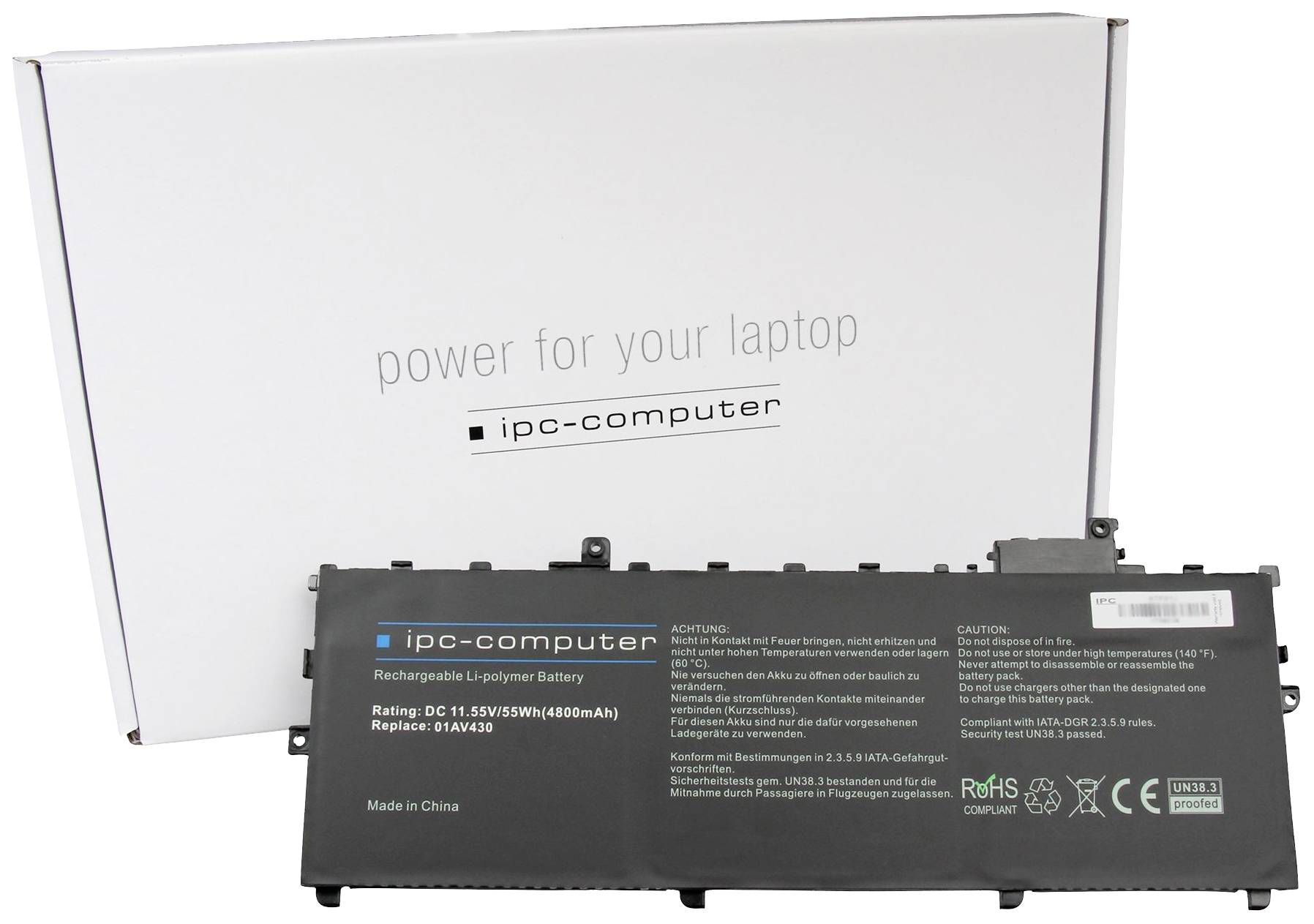 Ein Laptop-Akku liegt vor einer weißen Schachtel mit dem Schriftzug 'power for your laptop', hergestellt von "ipc-computer".