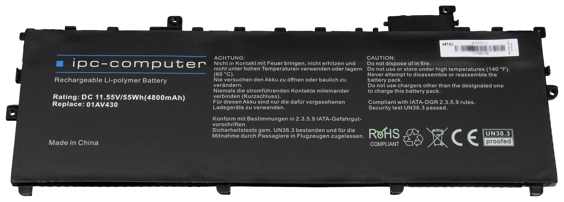 Schwarzer Akku von 'ipc-computer', 11.55V, 51Wh. Achtungshinweise zum Umgang. Modellnummer: AI04VO430. RoHS-konform, mit CE- und UN-Zeichen.