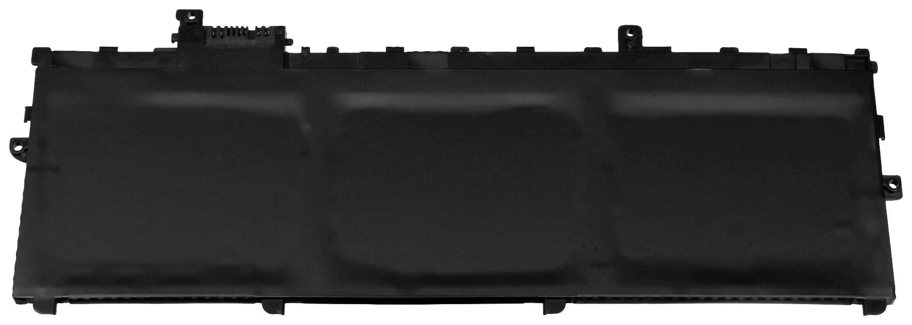 Schwarzgehaltene Laptop-Batterie mit rechteckiger Form und Anschluss oben links.