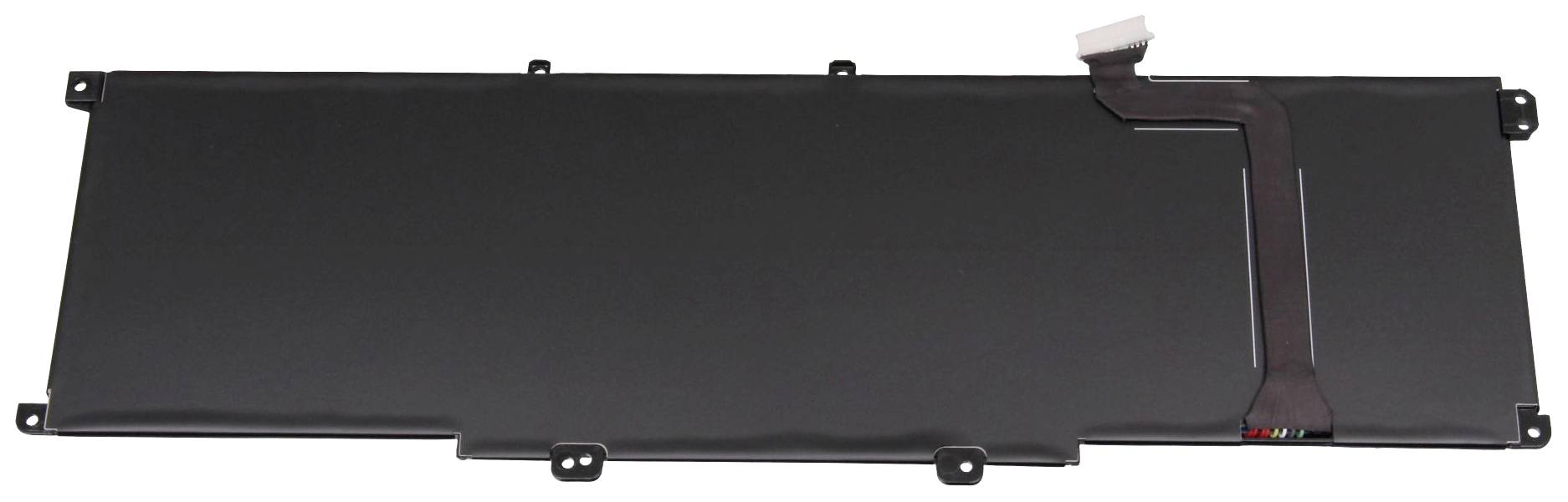 Ein schwarzer Laptop-Akku mit einem Anschlusskabel auf der rechten Seite. Rechteckige Form, flach, mit Befestigungspunkten an den Ecken.