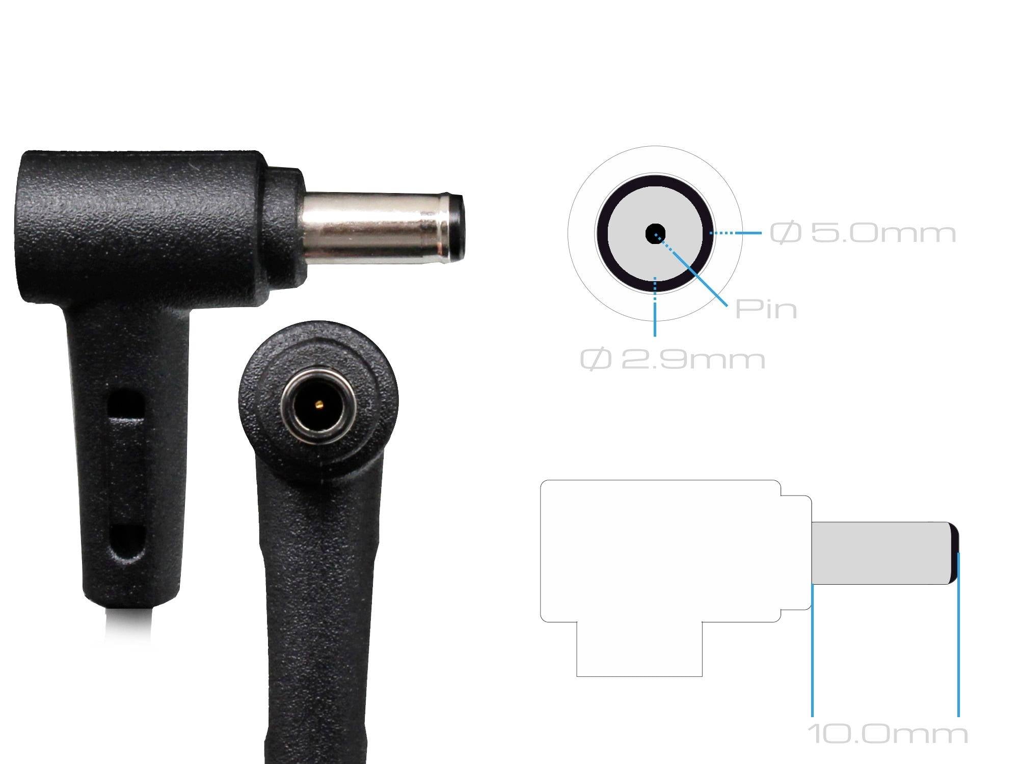 'Nahaufnahme eines Netzteilsteckers mit Spezifikationen: Außendurchmesser 5,0 mm, Innendurchmesser 2,9 mm, Pin 0,7 mm, Länge 10,0 mm.'