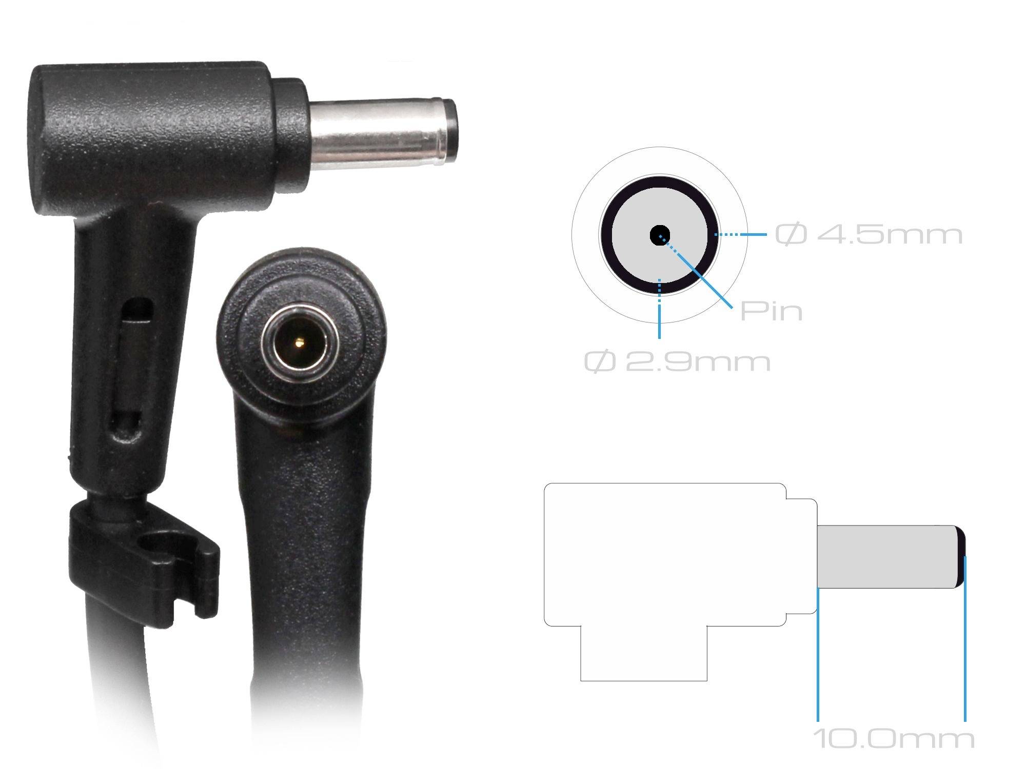 Schwarzer DC-Stecker seitlich und frontal; Durchmesser 4,5 mm außen, 2,9 mm innen. Maßskizze zeigt rechteckige Anschlussform.