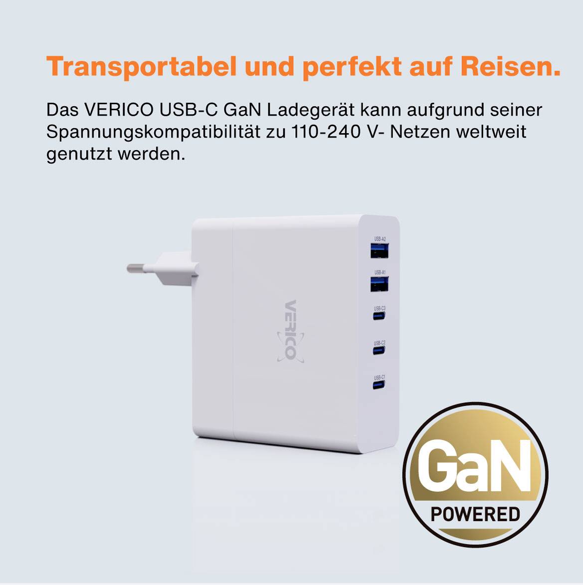 'VERICO GaN Ladegerät' mit fünf USB-Anschlüssen, geeignet für 110-240 V Netze. Ideal für Reisen. Text 'Transportabel und perfekt auf Reisen.'
