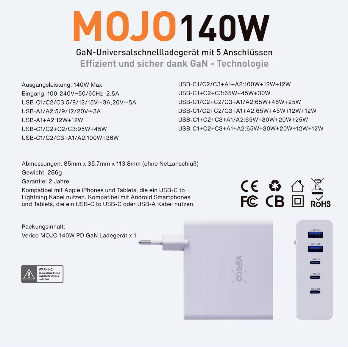 'MOJO140W GaN-Universal-Schnellladegerät. 5 Anschlüsse: 2x USB-C; 2x USB-A; 1x USB-C 140W. Unterstützt Apple, Android, weitere Geräte.'