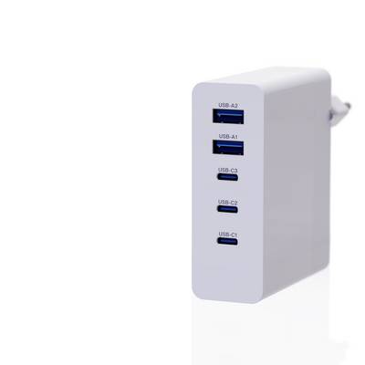 Ein weißes USB-Ladegerät mit fünf Anschlüssen: zwei USB-A und drei USB-C, aufgestellt vor einem neutralen Hintergrund.