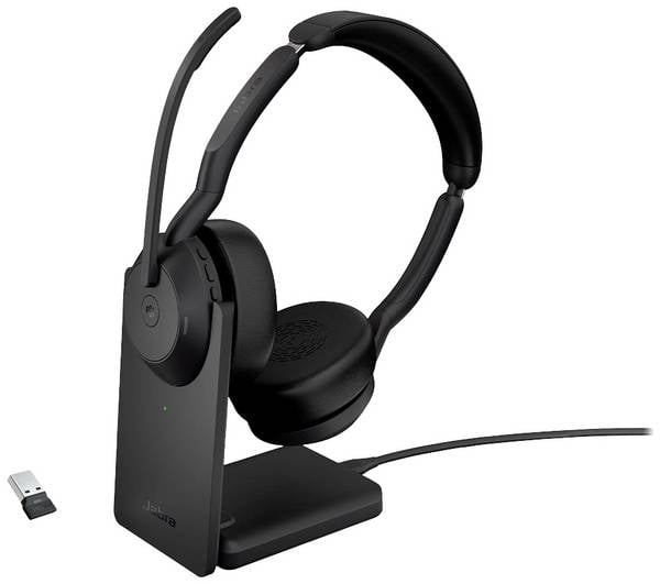 Jabra Evolve2 55 MS Stereo  On Ear Kopfhörer Bluetooth® Stereo Schwarz Mikrofon-Rauschunterdrückung, Noise Cancelling Headset, Mikrofon-Stummschaltung, Lautstärkeregelung, inkl. Lade- und Dockingstation Computer