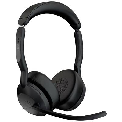 Schwarzes kabelloses Headset mit Ohrpolstern und verstellbarem Mikrofonarm. Designed für Komfort und klare Kommunikation.