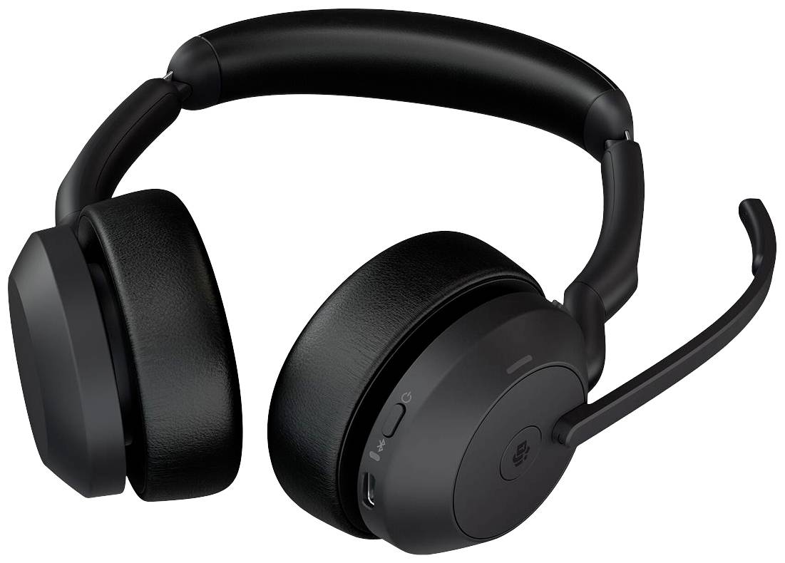 Schwarzes Over-Ear-Headset mit Mikrofonarm, geeignet für Telefonkonferenzen und Musik.