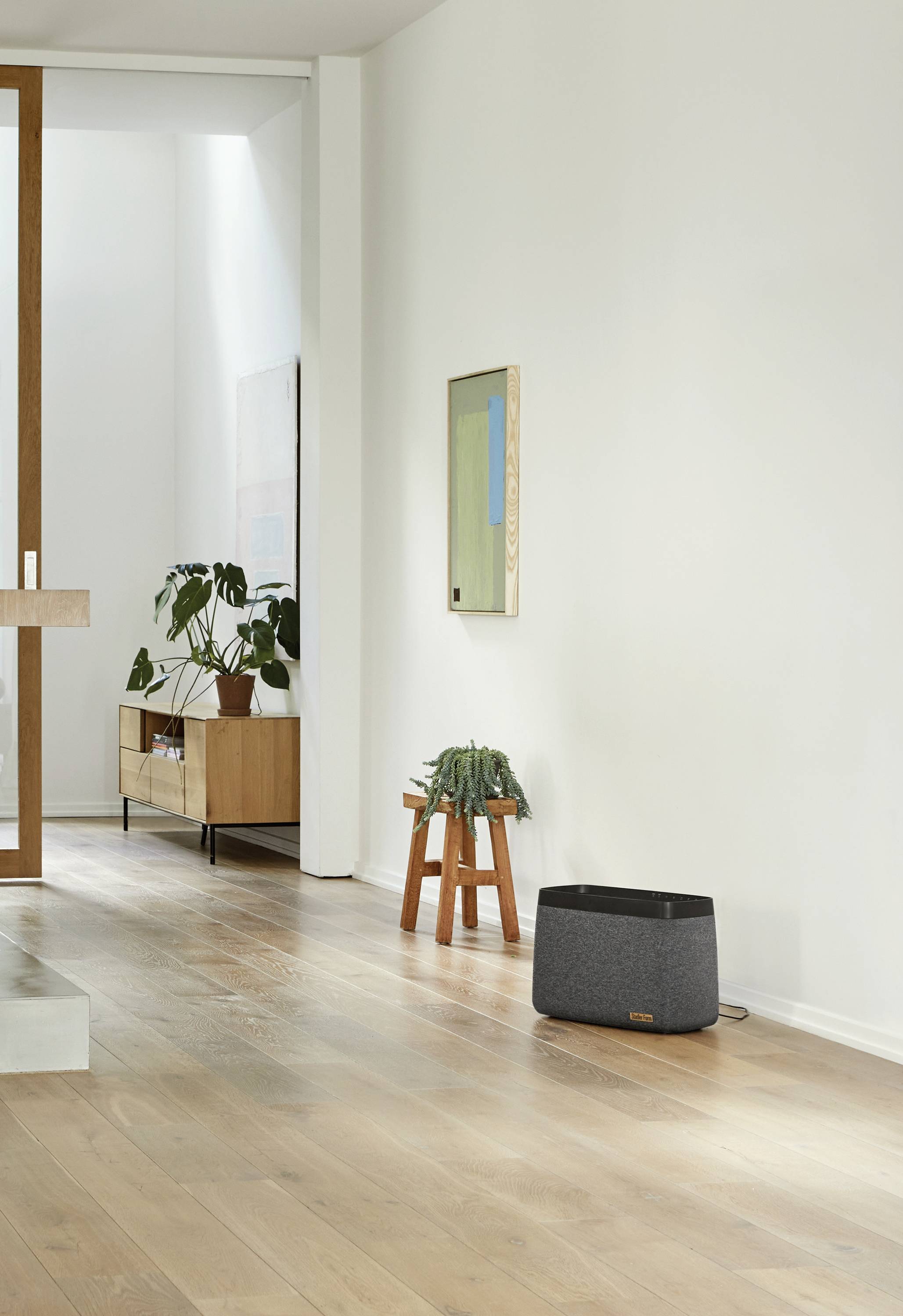 Elegantes, modernes Wohnzimmer mit Holzfußboden, minimalistischen Möbeln, Pflanzen und viel natürlichem Licht.