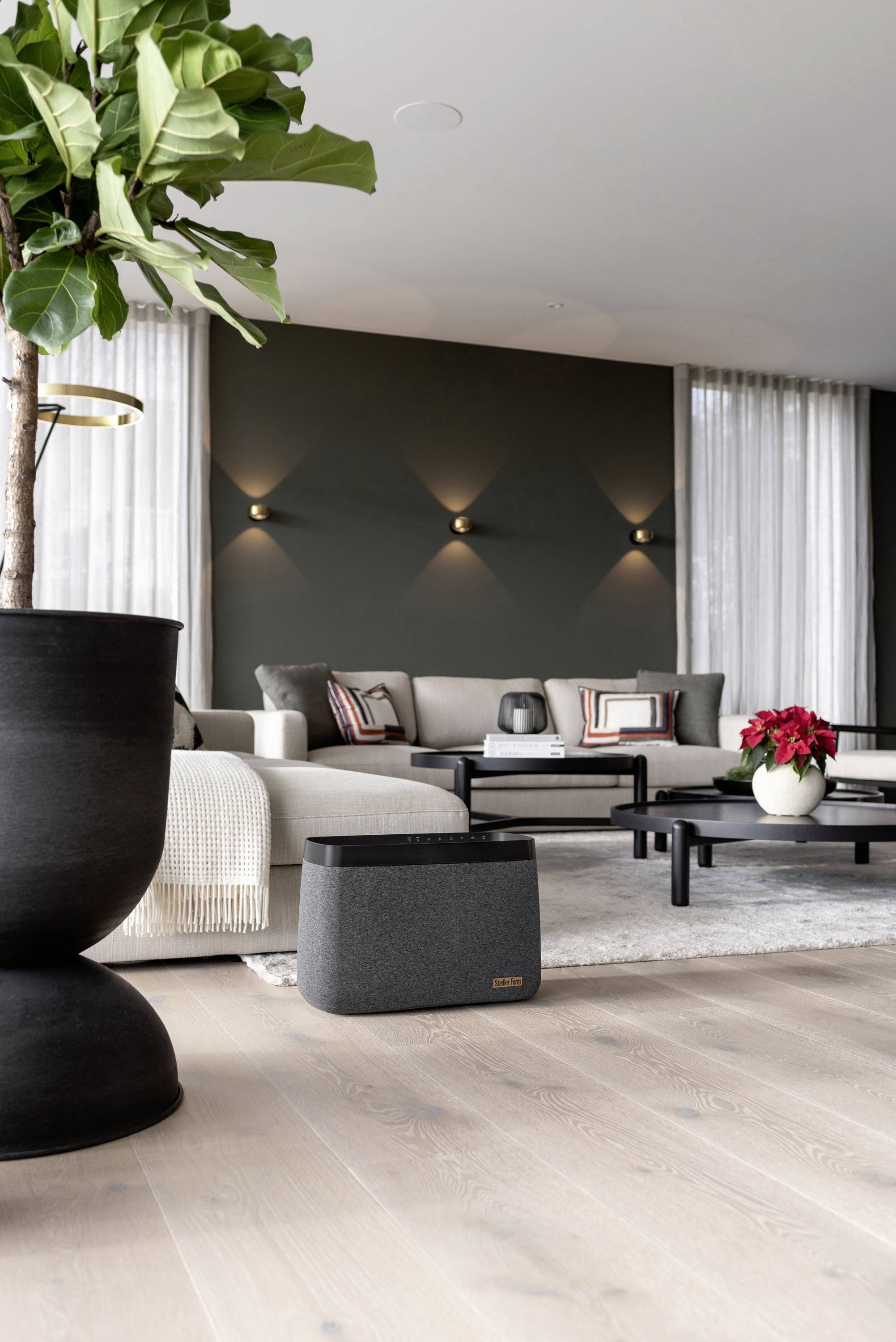 Ein modernes Wohnzimmer mit grauem Sofa, schwarzen Tischen und roter Blumendeko. Pflanzen im Vordergrund und weiche Beleuchtung.