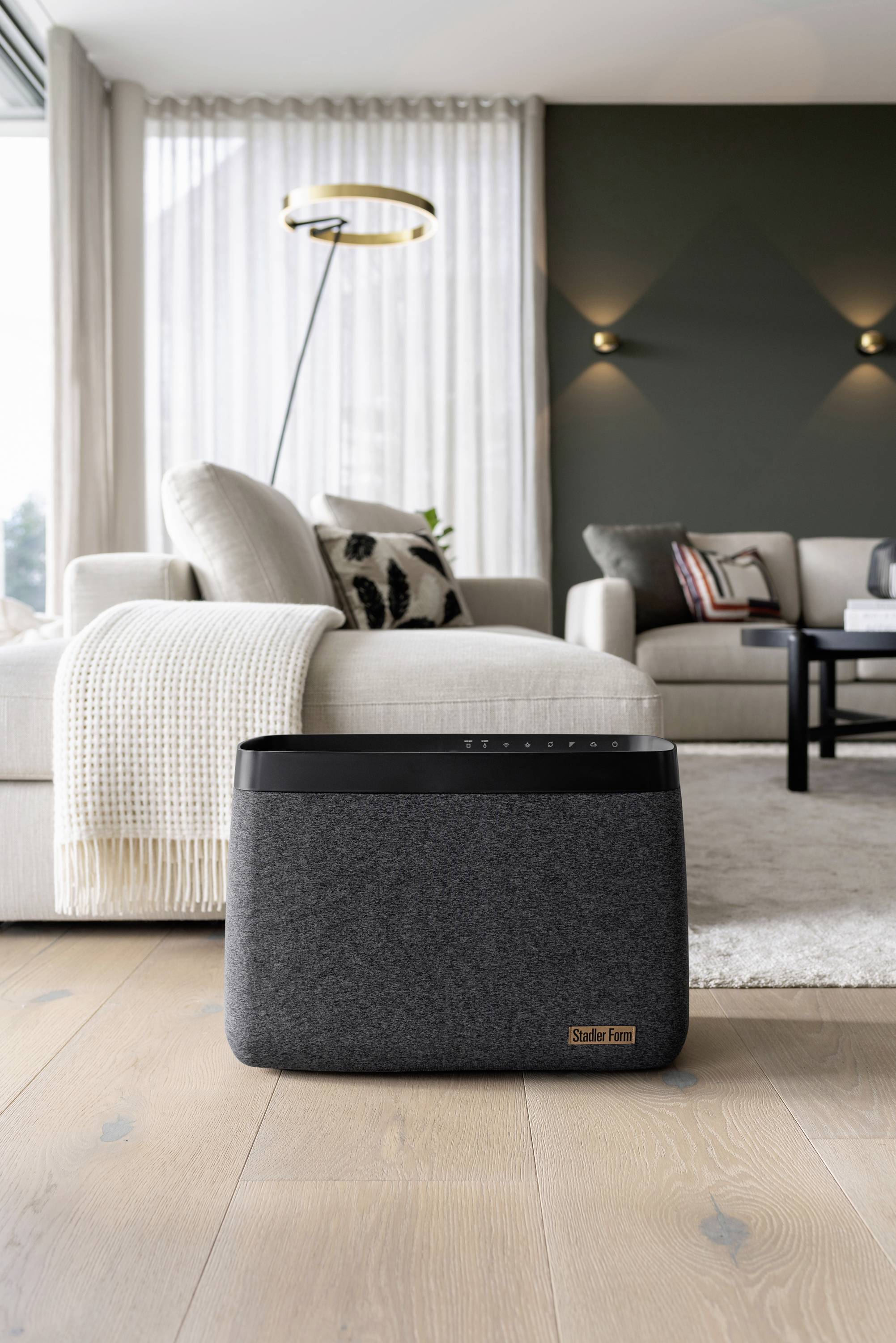 Stilvolles Wohnzimmer mit modernen Möbeln, dezentem Sofa, stilvoller Beleuchtung und einem grauen Designlautsprecher im Vordergrund auf Holzfußboden.