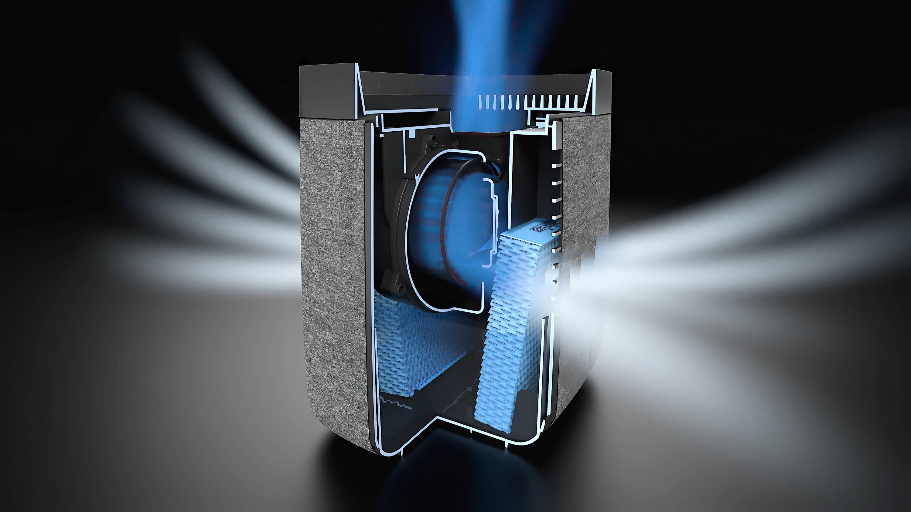 Ein Luftreiniger im Querschnitt zeigt einen Filter, durch den Luft strömt. Blaue Linien verdeutlichen den Luftstrom im Gerät.