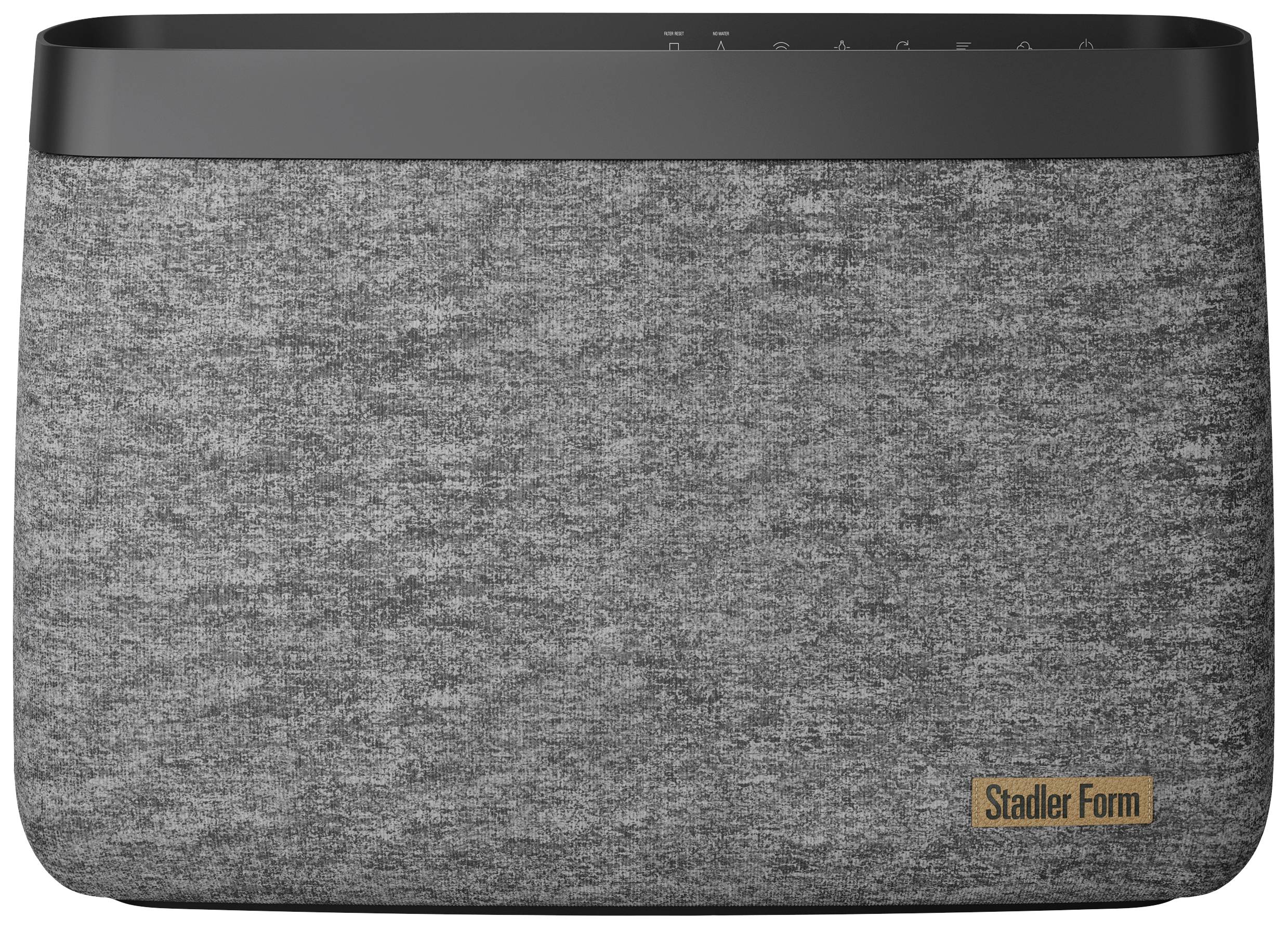 Ein grauer Luftbefeuchter mit modernem Design und einer glatten Textur; die Marke 'Stadler Form' ist unten rechts sichtbar.