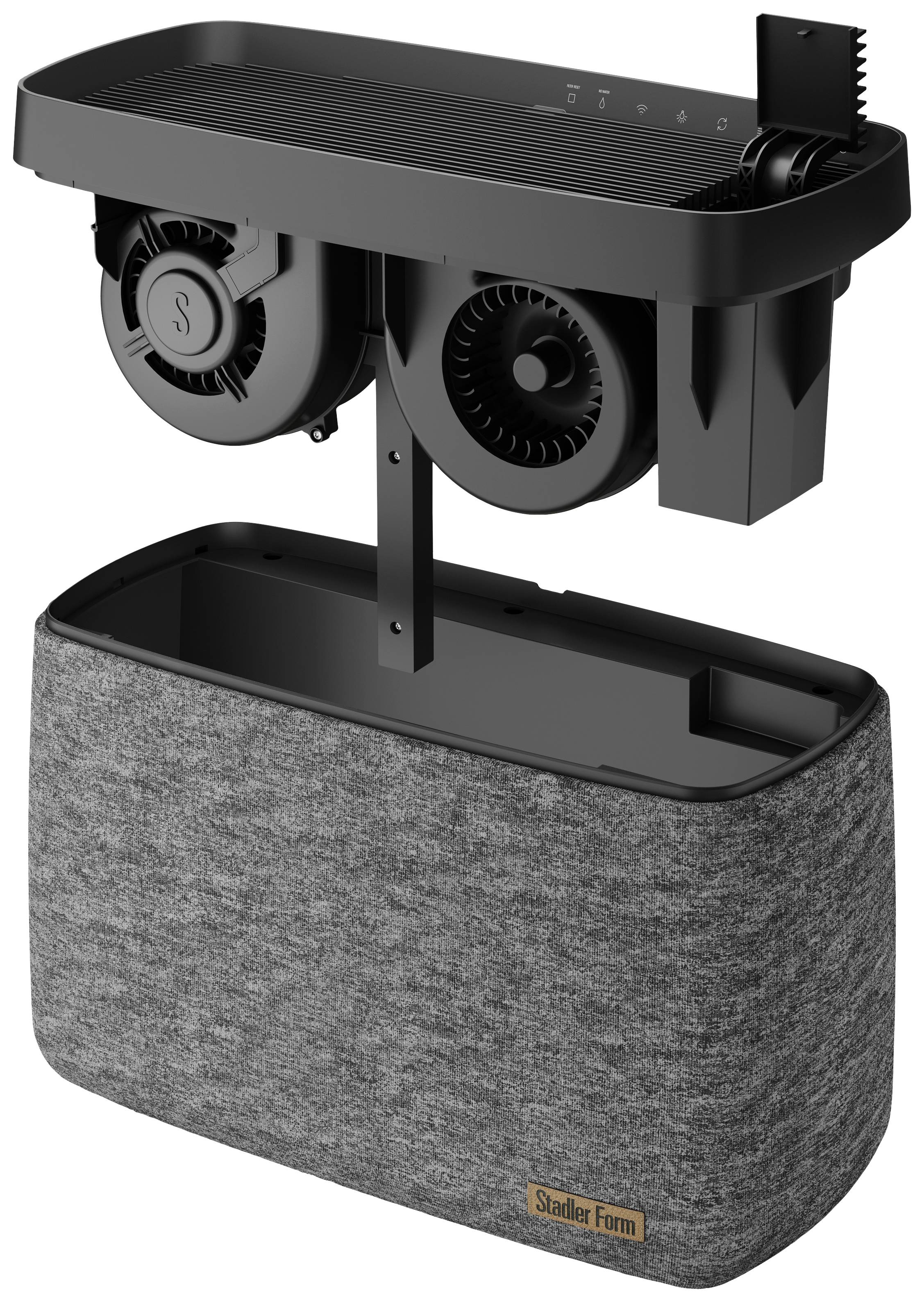 Luftbefeuchter mit grauem Stoffbezug, zwei sichtbaren Ventilatoren im Inneren, gesteuert durch Bedienfeld an der Oberseite.