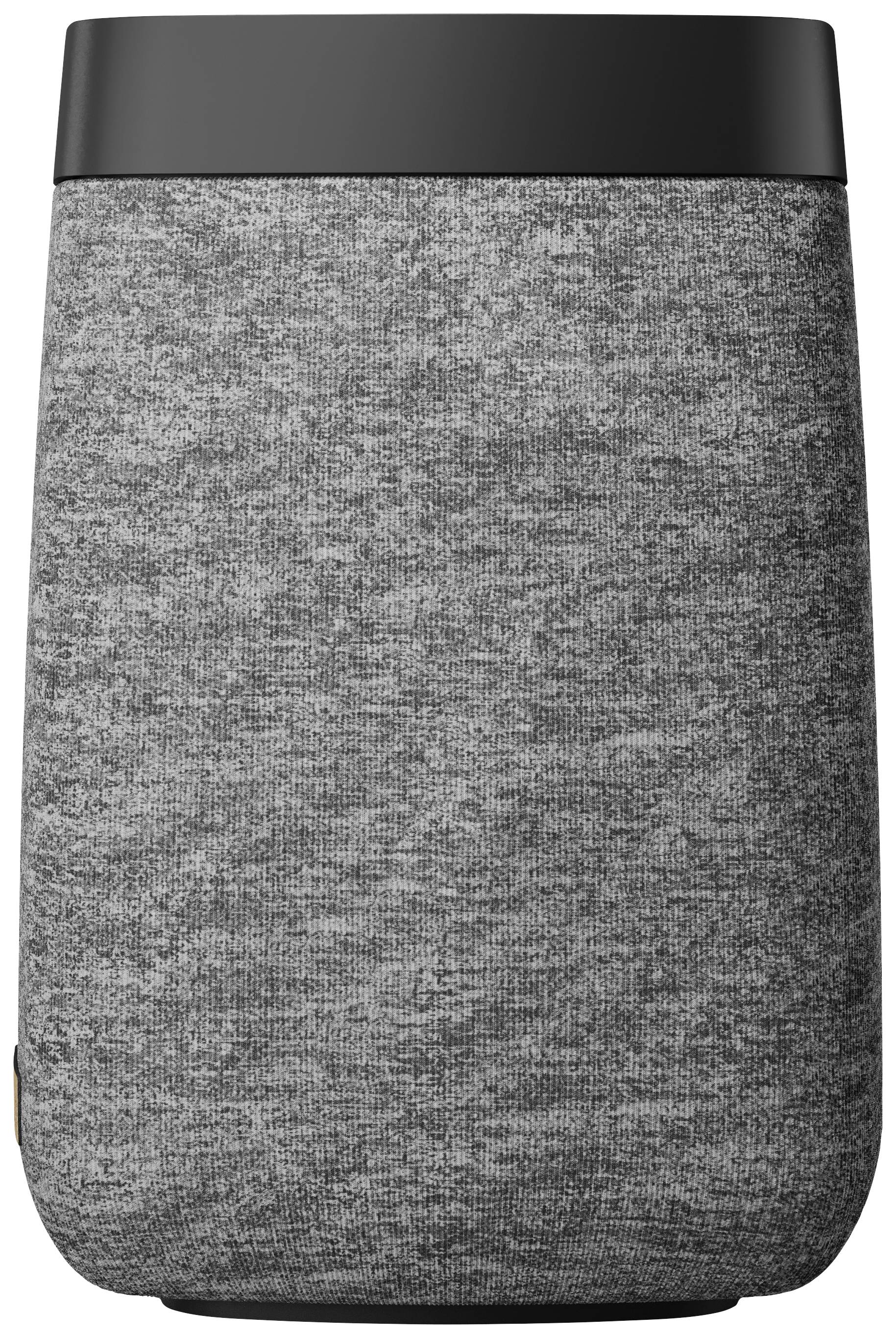 Grauer, zylindrischer Lautsprecher mit schwarzem Deckel.