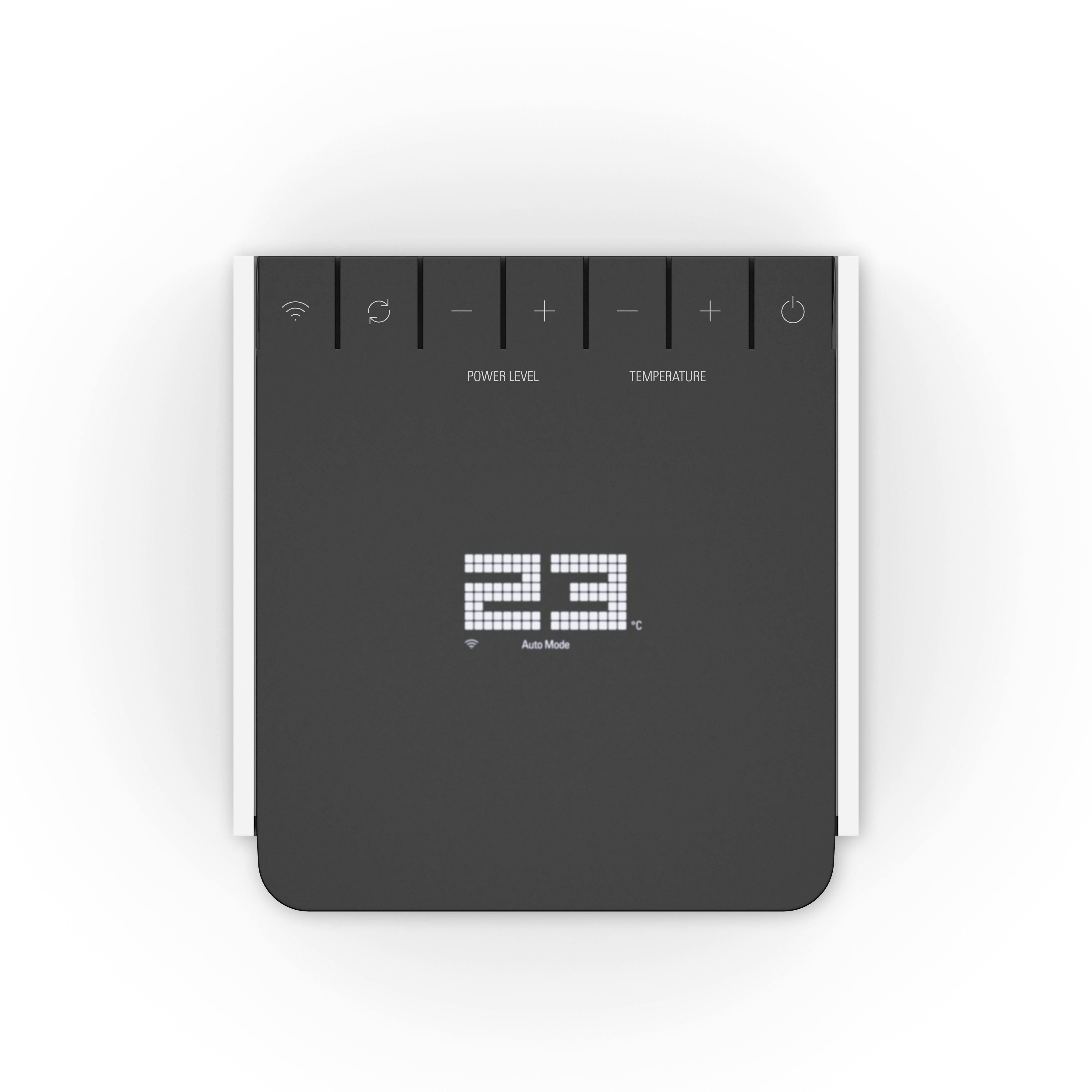 Anzeige eines modernen Thermostats, zeigt '23' Grad Celsius im Automatikmodus. Oben befinden sich Symbole für WLAN und Steuerung.