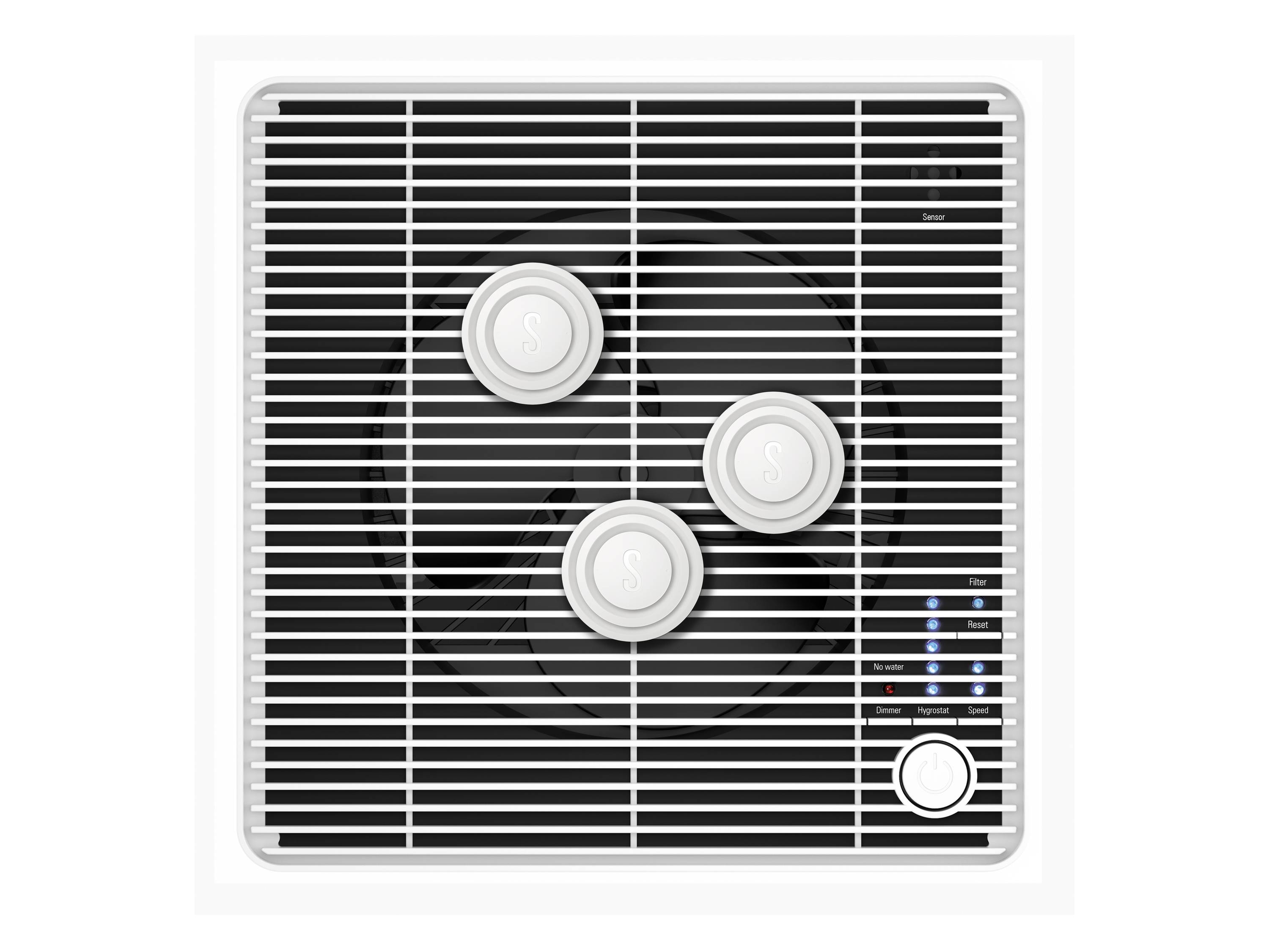 Ventilatoransicht von oben mit drei stabilen Knöpfen und seitlich sichtbaren Steuerungselementen. Design in Schwarz-Weiß.