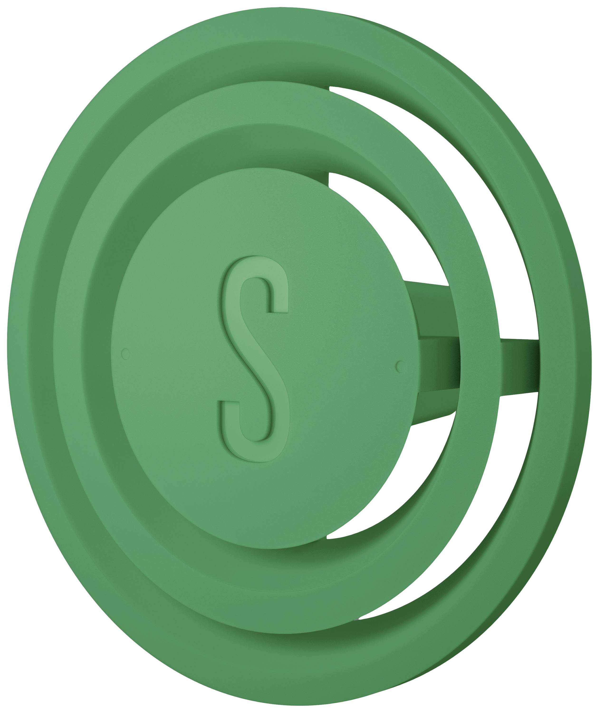 Grüner, kreisförmiger Gegenstand mit einem stilisierten Buchstaben 'S' in der Mitte, ähnelt einem stilisierten Lautsprechergitter.