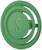 Grüner, kreisförmiger Gegenstand mit einem stilisierten Buchstaben 'S' in der Mitte, ähnelt einem stilisierten Lautsprechergitter.