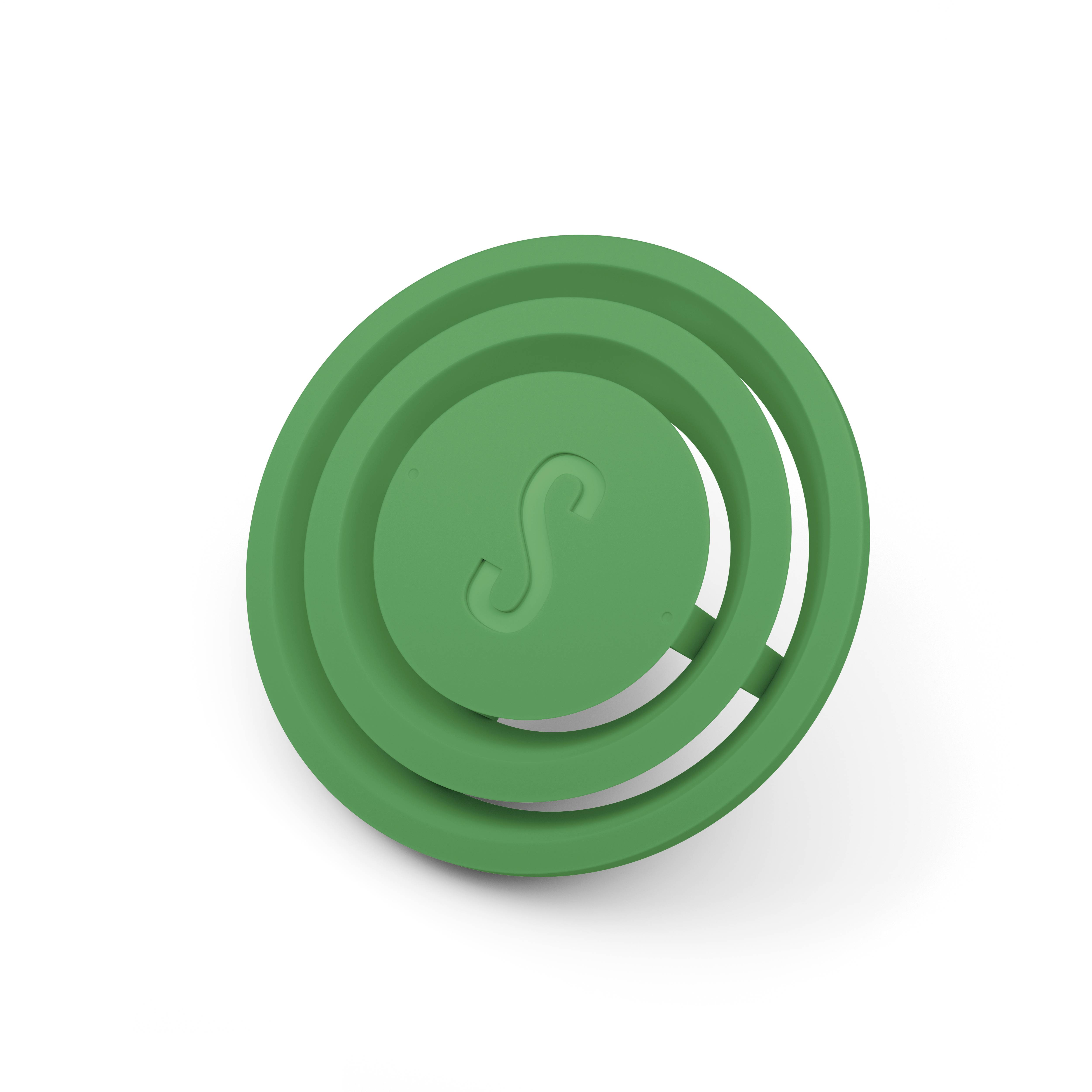 Ein grüner, runder Schallabsorber mit einem eingravierten 'S' in der Mitte, ideal zur Geräuschreduktion in Innenräumen.