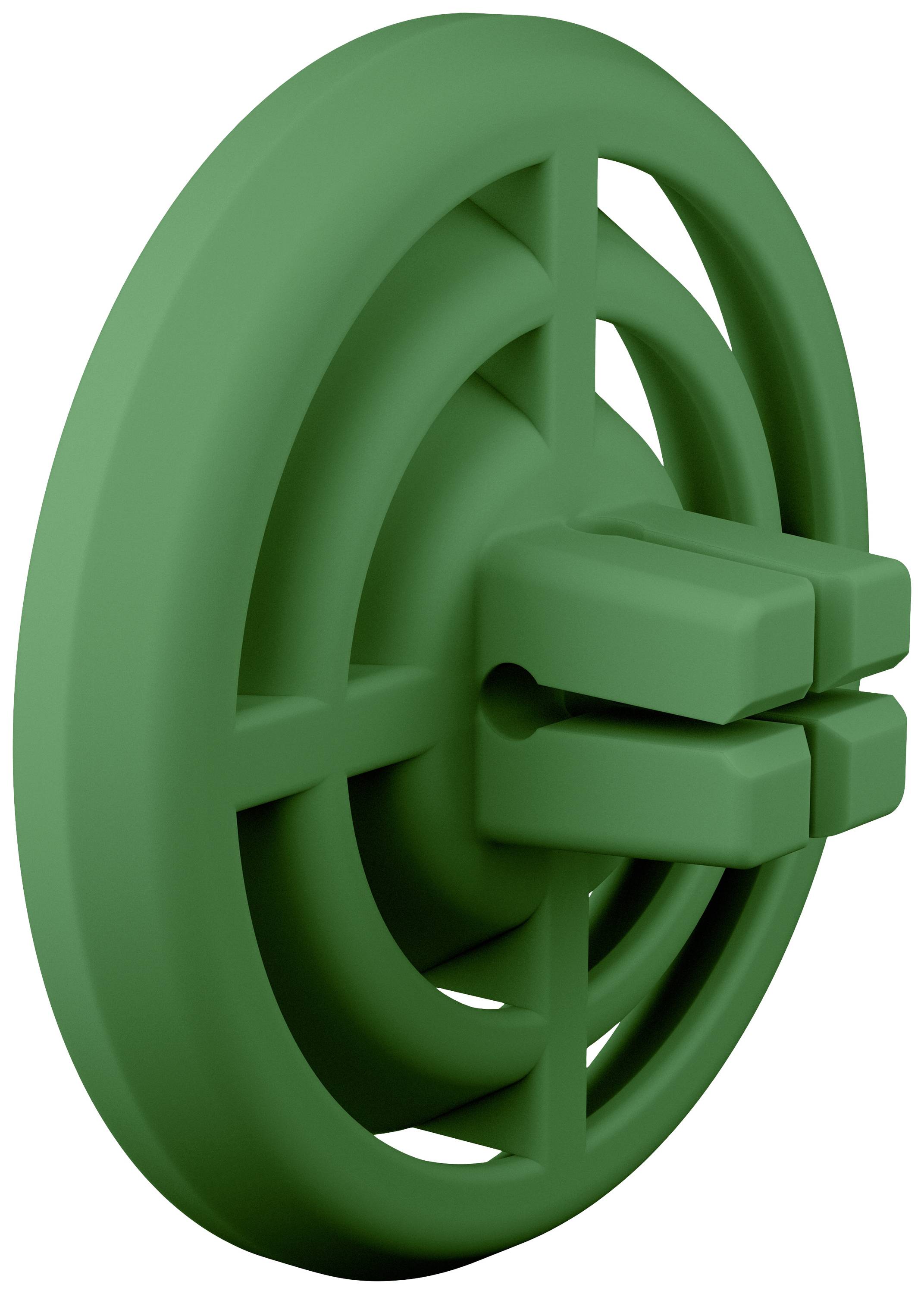 Ein grünes, rundes LEGO-Element mit mehreren Querrippen und drei rechteckigen Vorsprüngen an der Vorderseite.