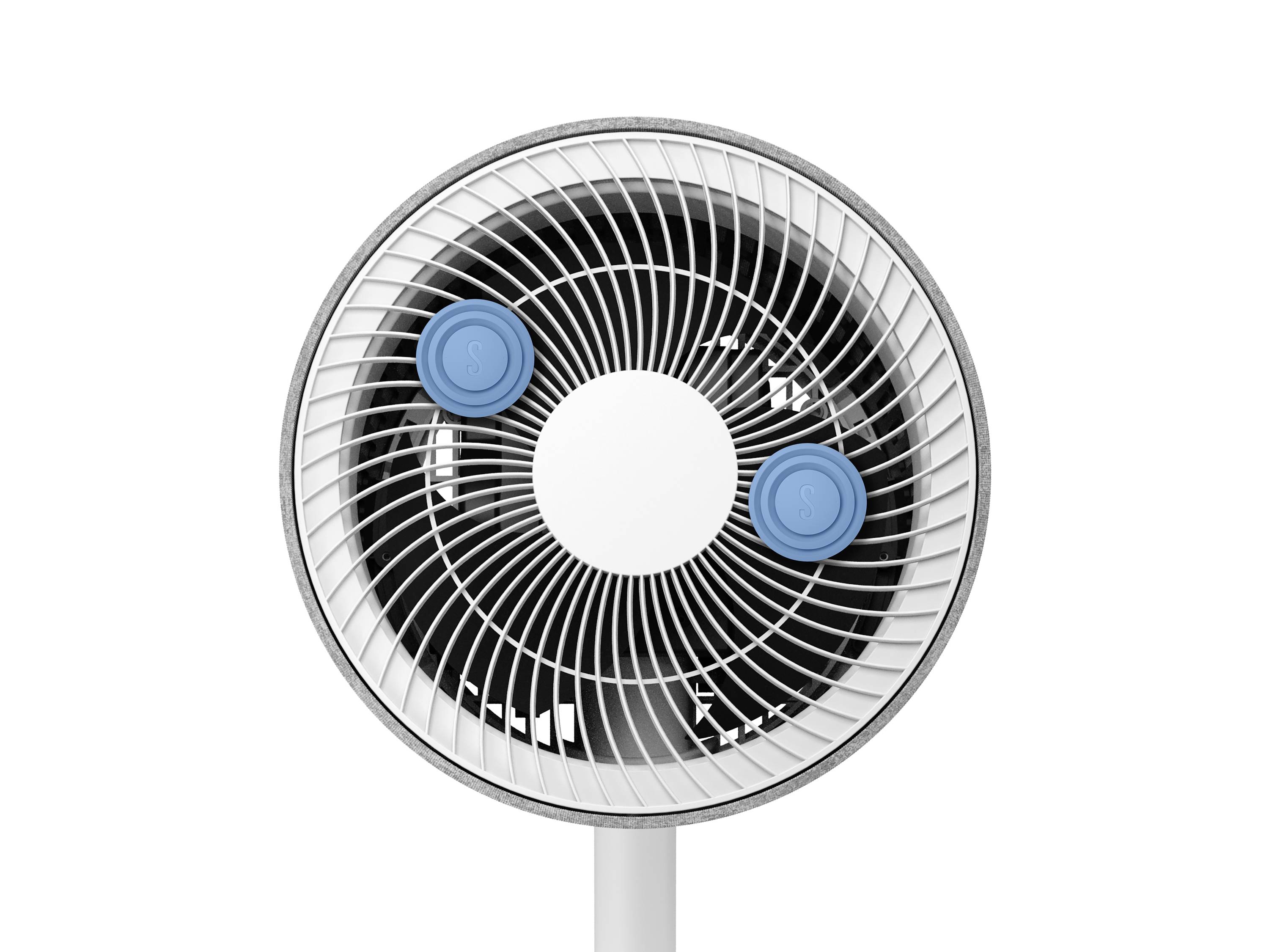 Ein elektrischer Ventilator mit zwei blauen Knöpfen an einem weißen Gitter.