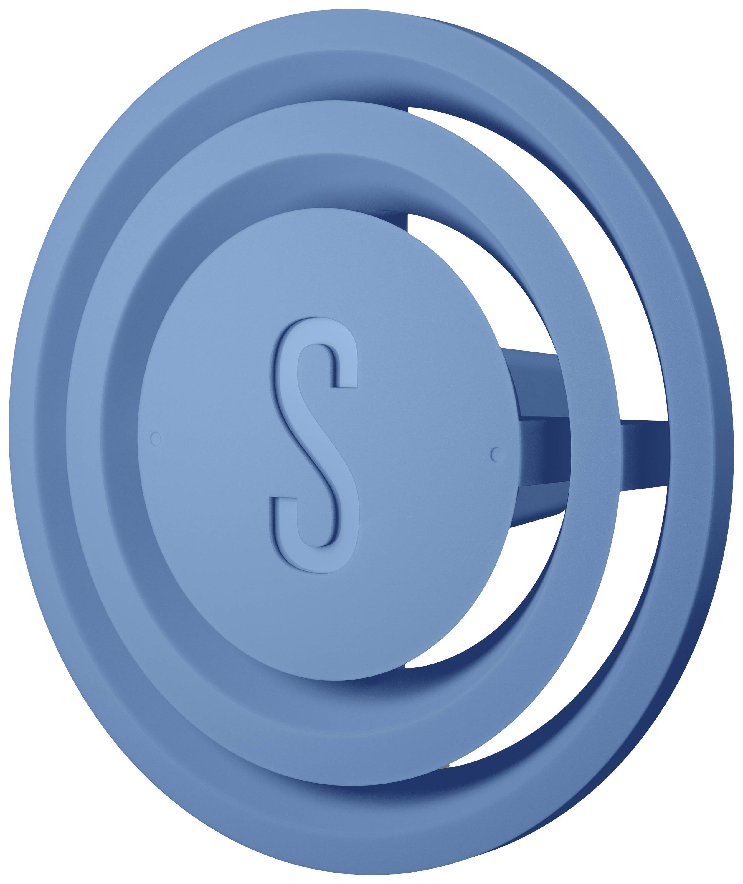 Rundes blaues Objekt mit einem stilisierten 'S' in der Mitte. Sieht aus wie ein dekoratives Emblem oder Logo.