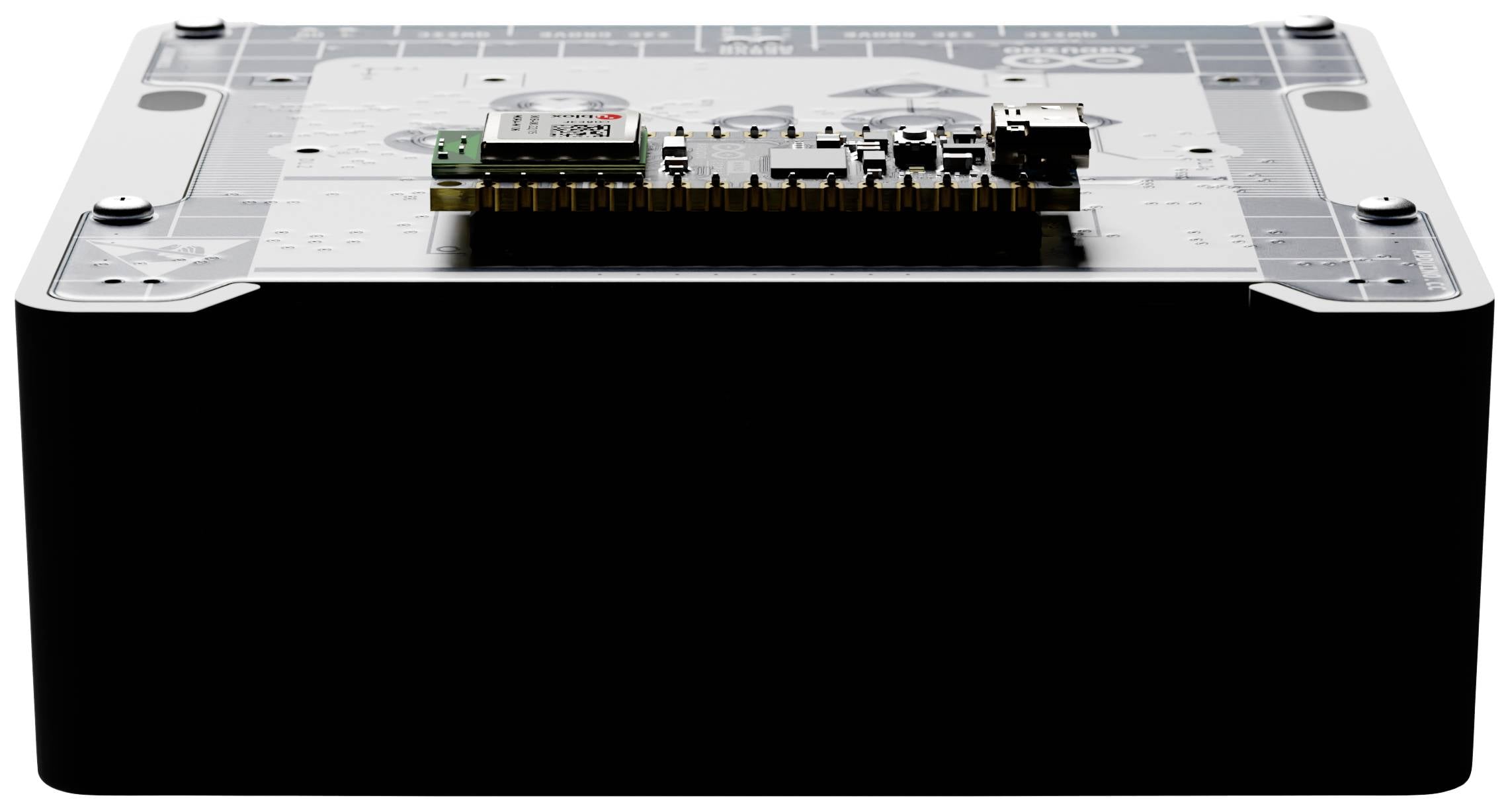 Eine schwarze Elektronikbox mit einer kleinen, auf der Oberseite montierten Leiterplatte. Die Leiterplatte enthält mehrere elektronische Komponenten.