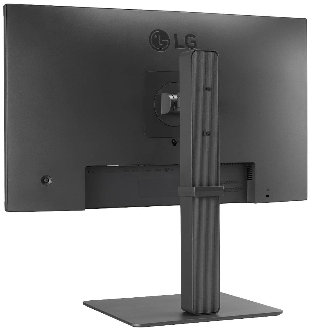Ein LG-Monitor von hinten, mit einem schlanken, schwarzen Standfuß. Das Design ist modern und minimalistisch.