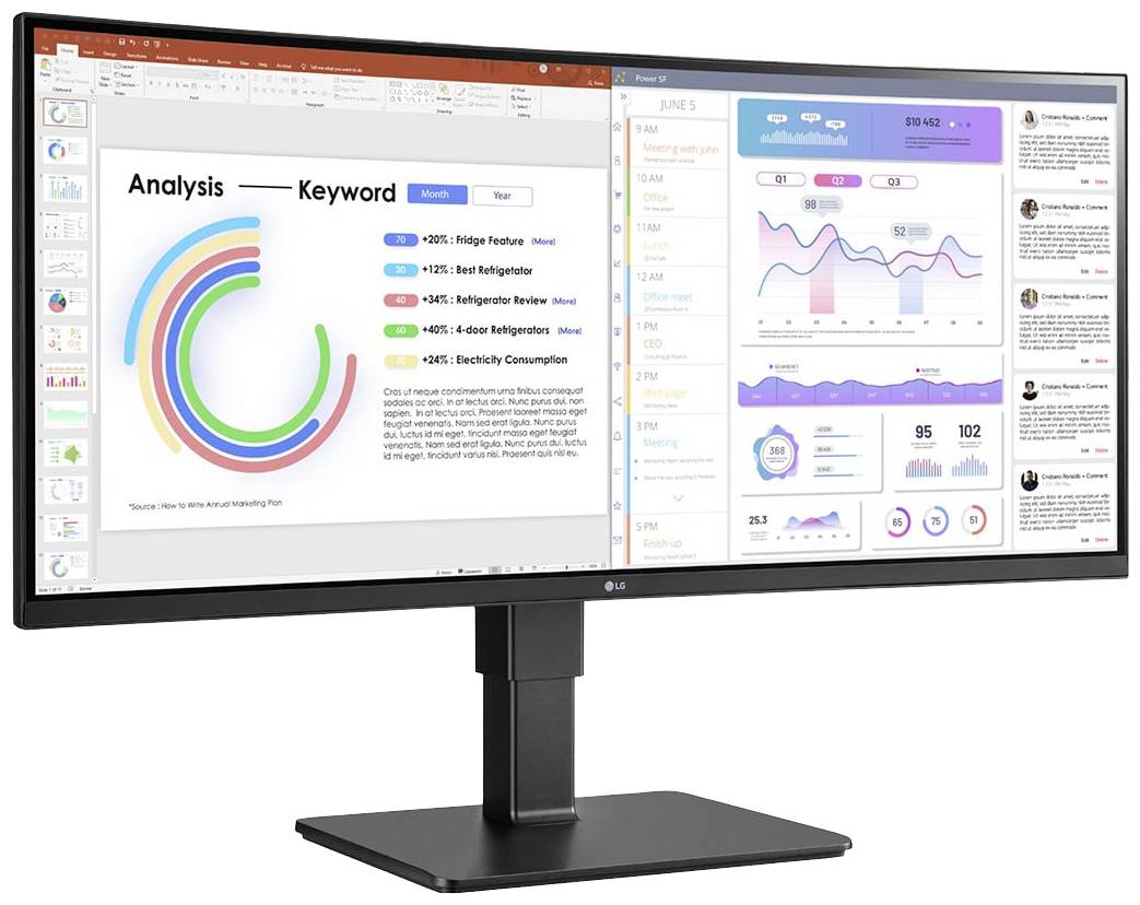 Ein großer Computerbildschirm zeigt links eine farbige Datenanalysegrafik mit dem Titel 'Analysis - Keyword', rechts mehrere Fenster mit Diagrammen und Text.
