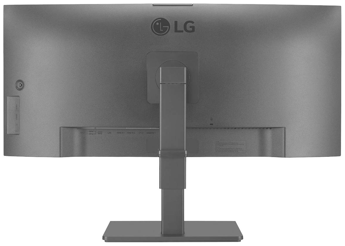 Rückansicht eines grauen LG-Monitors auf einem Ständer.