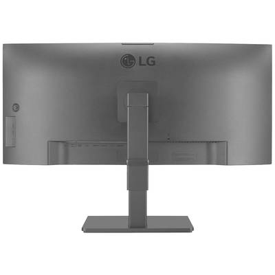 Rückansicht eines grauen LG-Monitors auf einem Ständer.