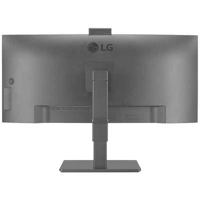 Rückansicht eines LG-Monitors auf einem verstellbaren Standfuß. Das Logo ist sichtbar. Der Monitor hat ein schlankes, modernes Design.