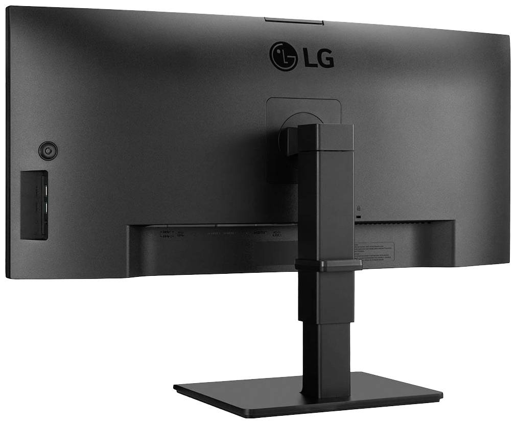 Ein großer LG-Monitor von hinten, auf einem höhenverstellbaren Ständer montiert. Geeignet für Büroumgebungen und professionelles Arbeiten.