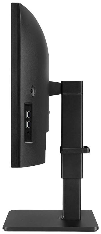 Seitenansicht eines schwarzen Monitors mit vertikalem Standfuß. Zwei USB-Anschlüsse auf der linken Seite sind sichtbar.