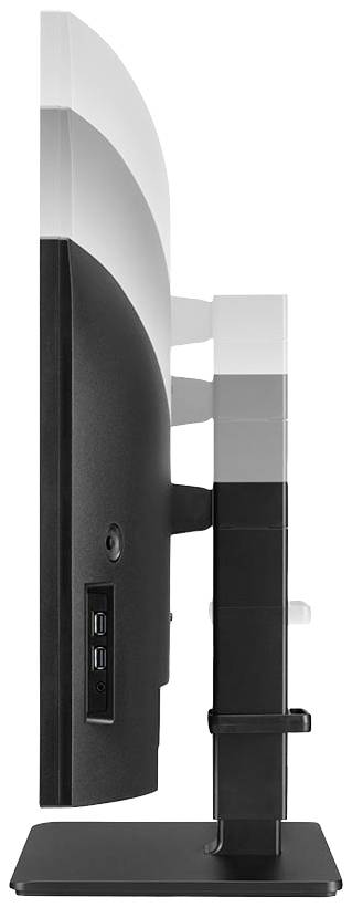 Seitenansicht eines Computerbildschirms mit schlankem Profil, schwarzen Rahmen und zwei USB-Anschlüssen auf der linken Seite.