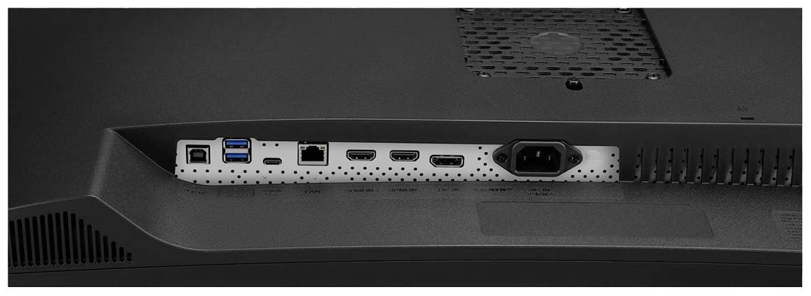 Rückseite eines Monitors mit verschiedenen Anschlüssen, darunter USB, HDMI, DisplayPort und Stromanschluss.