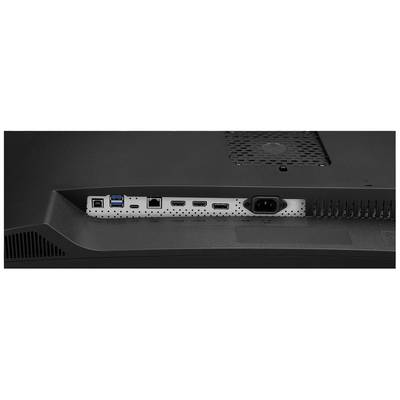 Rückseite eines Monitors mit verschiedenen Anschlüssen, darunter USB, HDMI, DisplayPort und Stromanschluss.