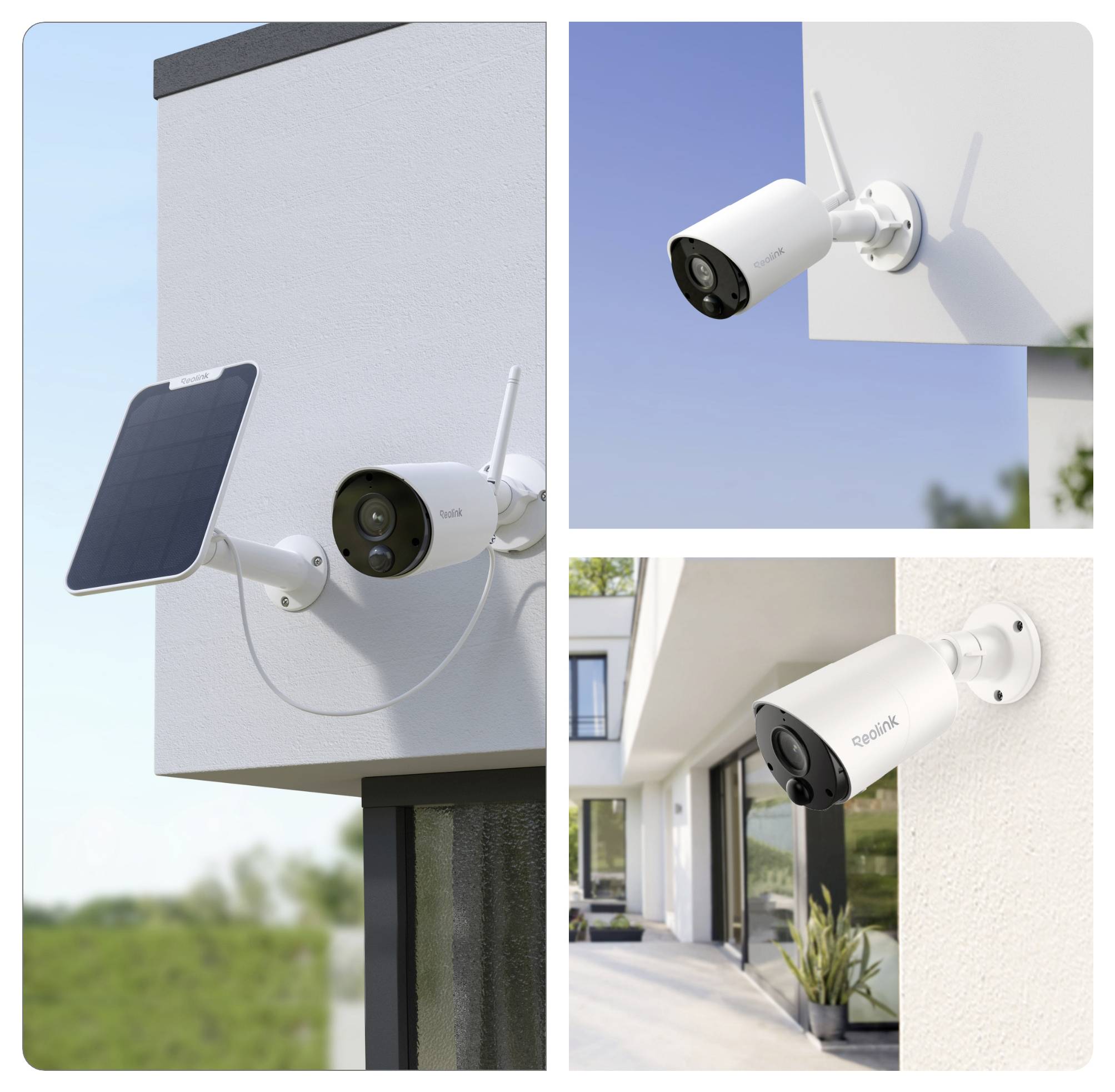 Outdoor-Sicherheitskameras sind an Gebäudewänden befestigt, eine davon mit einem angeschlossenen Solarpanel, und zeigen typische Überwachungsanlagen.